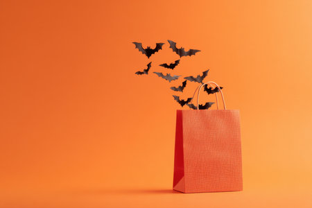 A bright orange shopping bag sits on a matching orange background as playful bats fly from its opening. Generated A.I.の素材