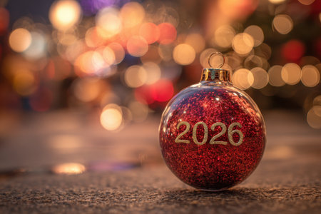 A red glitter Christmas ball with the year 2026 sits on a surface, surrounded by warm bokeh lights creating a festive mood. Generated A.I.の素材