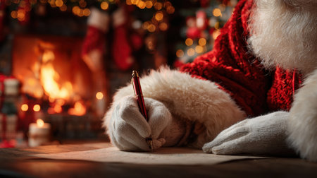 A cozy scene of Santa in fluffy gloves writing a letter at a wooden desk beside a glowing fire, surrounded by Christmas lights and festive ambiance. Generated A.I.の素材