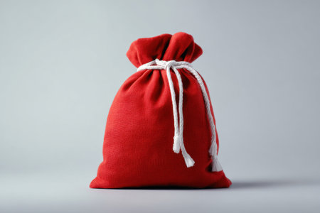 A bright red fabric gift bag tied with a white drawstring rests on a neutral gray surface, ready for gifts and celebrations. Generated A.I.の素材