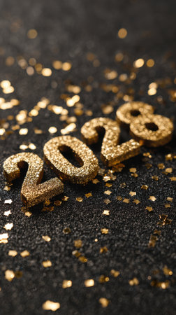 Shimmering gold numbers form the year 2020, surrounded by confetti on a dark glittery surface, evoking New Year celebration and festive glamor. Generated A.I.の素材