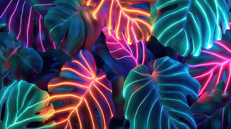 Vibrant neon leaves glow in electric blues pinks and oranges forming a striking tropical pattern that feels modern and energetic Perfect for technology fashion or design themes. Generated A.I.の素材