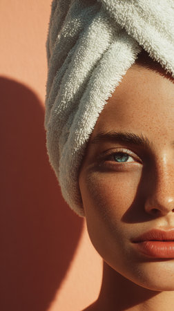 A close up portrait of a woman with a towel wrapped around her head, bathed in warm sunlight against a peach background, conveying relaxation and skincare vibes. Generated A.I.の素材