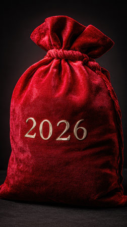 A rich red velvet gift bag with a metallic 2026 emblem, closed with a twisted cord. Perfect for New Year celebrations, gifting, and festive decor, conveying luxury and anticipation. Generated A.I.の素材