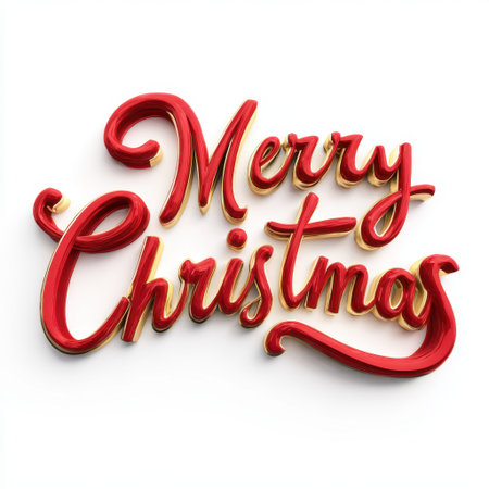 Vibrant red script reads Merry Christmas with a gold outline, creating a festive decorative sign perfect for holiday displays and shop windows, radiating warmth and celebratory charm. Generated A.I.の素材