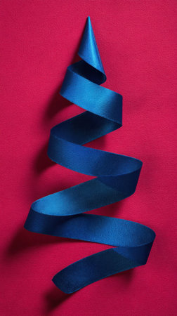 A vivid blue ribbon spirals upward on a rich pink backdrop, capturing festive energy and gift giving mood. Perfect for holidays, celebrations, decor, packaging, and branding themes. Generated A.I.の素材