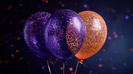 Bright purple and orange balloons float against a dark backdrop, speckled with glitter and confetti for a celebratory mood perfect for events and promotions. Generated A.I.の素材
