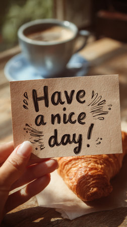 A warm morning scene features a handwritten card reading Have a nice day held beside a flaky croissant and a steaming coffee cup on a sunlit wooden table. Generated A.I.の素材