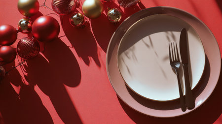 A festive red table setting features a white plate on a pink charger with a fork and knife, surrounded by shiny red and gold ornaments, creating a warm ambiance for a holiday meal. Generated A.I.の素材