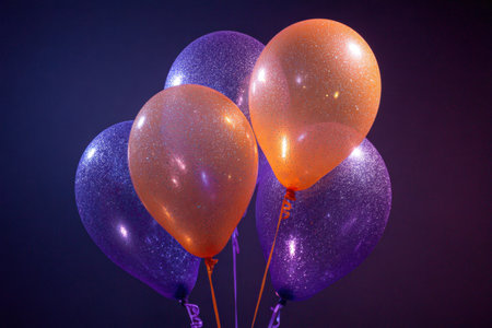 A cluster of orange and purple balloons floats against a dark, glittery backdrop. Bright lights and ribbons convey celebration, party vibes, and festive magic for holiday or event scenes. Generated A.I.の素材