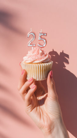 Soft pink frosting swirls atop a cupcake held by hands with pink nails against a pastel backdrop, conveying celebration, style, and delight. Generated A.I.の素材