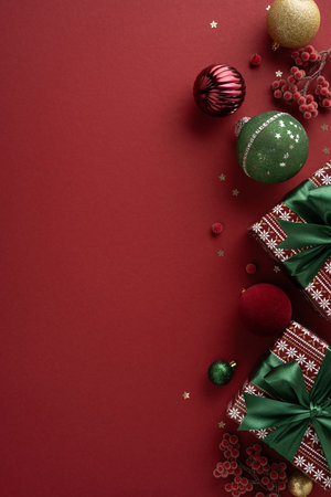 Colorful vertical Christmas decorations and wrapped gifts create a festive scene on a rich red backdrop with green and gold ornaments and berries, conveying warmth, joy, and festive New Year spiritの写真素材