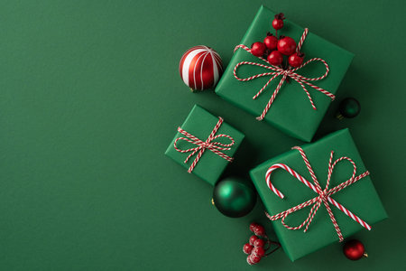 Vibrant green presents wrapped with red and white twine sit with festive ornaments on a holiday backdrop, conveying Christmas and New Year mood, gift exchange, and decorative seasonal styleの写真素材
