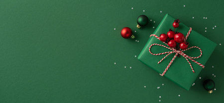 A green gift box tied with red and white twine sits beside a single ornament on a green backdrop, evoking festive gift giving for Christmas and New Yearの写真素材