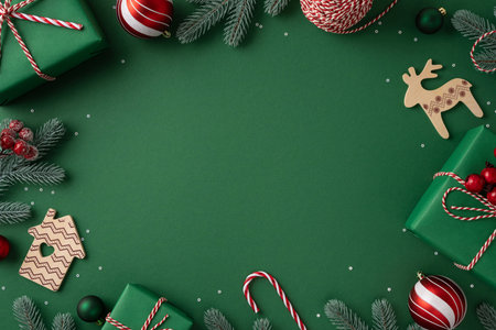 A festive holiday scene featuring wrapped presents, ornaments, candy canes, pine branches, and wooden decorations arranged on a green background, conveying warmth, celebration, and seasonal charmの写真素材
