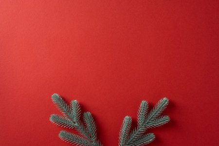 Vertical still life features a deep red backdrop and frosted pine branches as reindeer antlers, evoking Christmas and New Year warmth, festive mood, seasonal decor, celebration, greeting, holiday spirit, and minimal designの写真素材