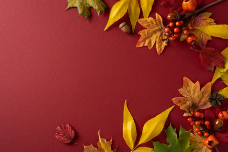 Autumnal border of colorful leaves, berries, acorns, and pinecones frames a rich red background,...
