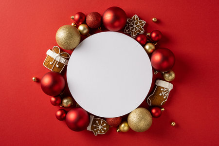 Round white card framed by festive red and gold decor with ornaments baubles and gifts creating a warm holiday mood ideal for Christmas and New Year promotions and greetingsの写真素材