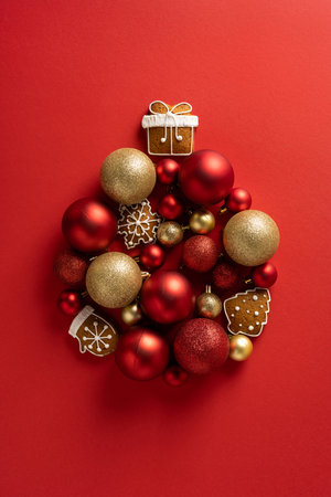 Vertical arrangement of red and gold ornaments with cookies and a gift topper creates a festive bauble shape perfect for Christmas and New Year greetings set against a vivid red backdropの写真素材