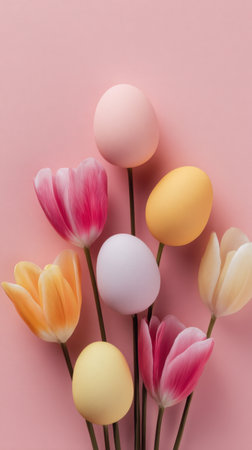 Pastel eggs and tulips create a gentle, romantic spring scene against a soft pink backdrop, evoking calm and beauty in a decorative floral arrangement. Generated A.I.の素材