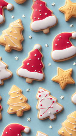 Colorful Christmas cookies shaped like Santa hats, trees, and stars lay on a light blue background with white snow specks. Generated A.I.の素材