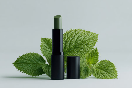 Green lipstick in a dark tube sits beside vibrant mint leaves, presenting a natural cosmetic concept with botanical freshness and modern style for beauty and skincare imagery. Generated A.I.の素材