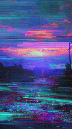 Neon pinks, purples, and blues glaze a distant horizon as a highway cuts through silhouetted trees under a glitchy, digital sky. Generated A.I.の素材