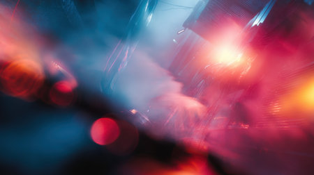 Vibrant abstract image of neon city lights in blue, red and pink tones with motion blur and bokeh, conveying futuristic nightlife, energy, and dynamic atmosphere. Generated A.I.の素材