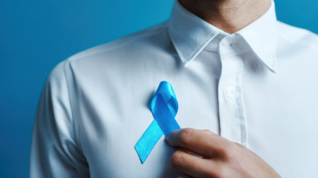 Close up of a man in a white shirt pinning a blue awareness ribbon, symbolizing support for health or charity campaigns. Professional vibe with calm focus and compassionate intent. Generated A.I.の素材