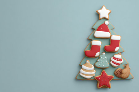Delightful Christmas tree themed cookies and ornaments arranged on a shaped tray against a soft blue backdrop, creating a warm, festive holiday scene for dessert and gift ideas. Generated A.I.の素材