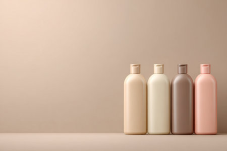 A row of four pastel bottles in neutral tones, perfect for skincare, beauty, and spa branding projects. Generated A.I.の素材