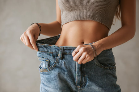 A woman in a beige crop top pulls the waistband of blue jeans, demonstrating waist measurement, body confidence, and casual fashion. Generated A.I.の素材