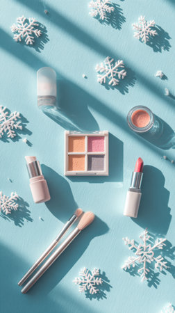 Bright winter beauty setup with a four color eyeshadow palette, lipstick, nail polish, and brushes arranged around decorative snowflakes on a cool blue surface. Generated A.I.の素材