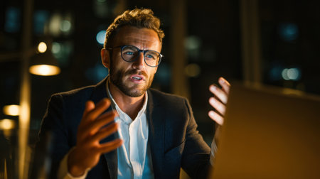 A focused man wearing glasses and a blazer speaks passionately during a late night video call in a contemporary office, conveying urgency, concentration, and professional dialogue. Generated A.I.の素材