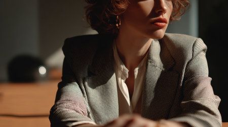 A close up of a professional woman wearing a checkered blazer and white blouse, seated indoors with soft lighting that highlights style, confidence, and modern business fashion. Generated A.I.の素材