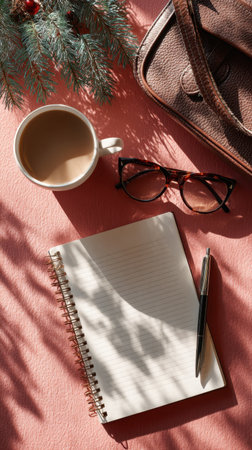 A cozy desk scene with a notebook, pen, glasses, a cup of coffee, and a leather bag beside pine branches on a pink surface, blending festive notes with work and style. Generated A.I.の素材