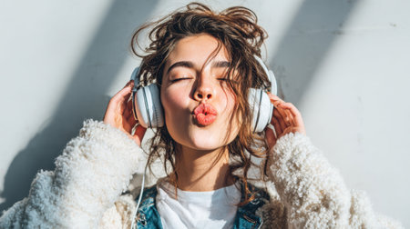 A fashion portrait of a young woman in a fluffy jacket and denim, enjoying music through white headphones under strong sun, creating bold shadows and a vibrant vibe. Generated A.I.の素材