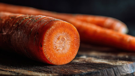 A close up of a fresh carrot halved on a dark wooden board shows bright orange flesh, natural grain, and rustic appeal. Generated A.I.の素材