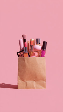 Vibrant pink makeup bag filled with lipstick, brushes, perfume, nail polish and more, set against a pastel pink backdrop for a stylish beauty and fashion vibe. Generated A.I.の素材