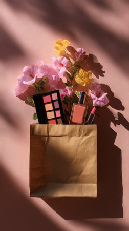 A paper bag holds makeup essentials including a palette, blush, and lipstick, surrounded by pink and yellow flowers against a soft pink backdrop. Generated A.I.の素材