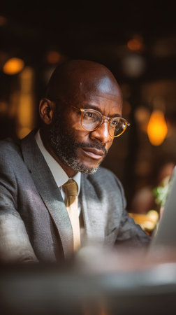 A mature professional man in a suit and glasses works on a laptop in a warm, dim cafe setting. The portrait conveys focus, leadership, and modern business mood. Generated A.I.の素材