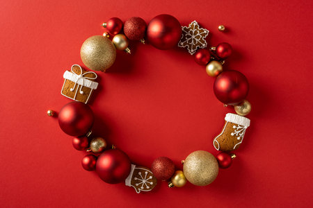 A festive holiday wreath features red and gold ornaments, gingerbread stockings, and a snowflake cookie arranged in a circle against a bright red backdrop, conveying celebration and seasonal warmthの写真素材