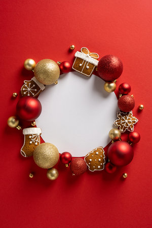 Vertical top view festive frame of gingerbread cookies, red and gold baubles, and stars around a white center suitable for Christmas and New Year greetingsの写真素材