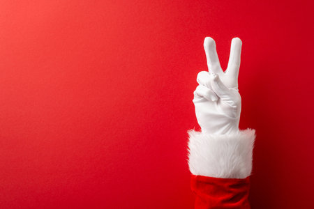 A festive Christmas scene showcasing a white gloved hand making a peace sign against a red backdrop, conveying joy, celebration, and holiday greetings for New Yearの写真素材