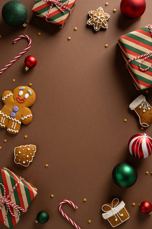 A vertical warm holiday scene with wrapped presents, gingerbread cookies, candy canes, and ornaments on a rich brown background. Ideal for seasonal greetings, festive mood, and celebratory campaignsの写真素材