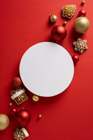 Vertical holiday scene featuring red Christmas ornaments, gold baubles, gift icon and cookies on a bold red background, celebrating Christmas and New Year with festive mood and greetingの写真素材