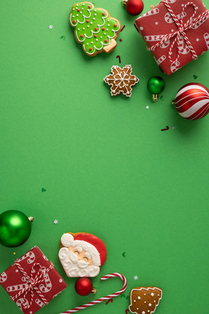 A vertical bright green holiday flat lay featuring Christmas cookies, red wrapped presents, ornaments and a Santa figure evokes festive mood for Christmas and NewYear greetingsの写真素材