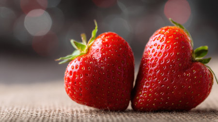 Two red strawberries lean against each other on a rough fabric surface, vivid and fresh. A close up captures seeds, gloss, and natural detail perfect for food and dessert themes. Generated A.I.の素材