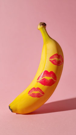 A bright yellow banana features red lipstick kiss marks along its curved surface against a soft pink backdrop. Generated A.I.の素材
