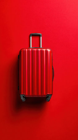 A bold red suitcase stands upright on a vivid red backdrop, highlighting travel gear, luggage design, and modern style. Generated A.I.の素材